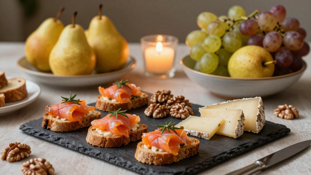 Мини-закуски: лосось на хлебце, сыр с грецкими орехами и сезонные фрукты на праздничном столе