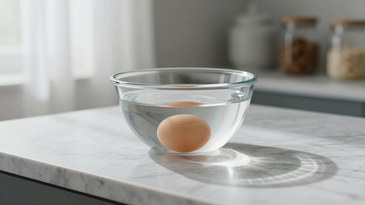 Проверка яйца водой в прозрачном стеклянном стакане.