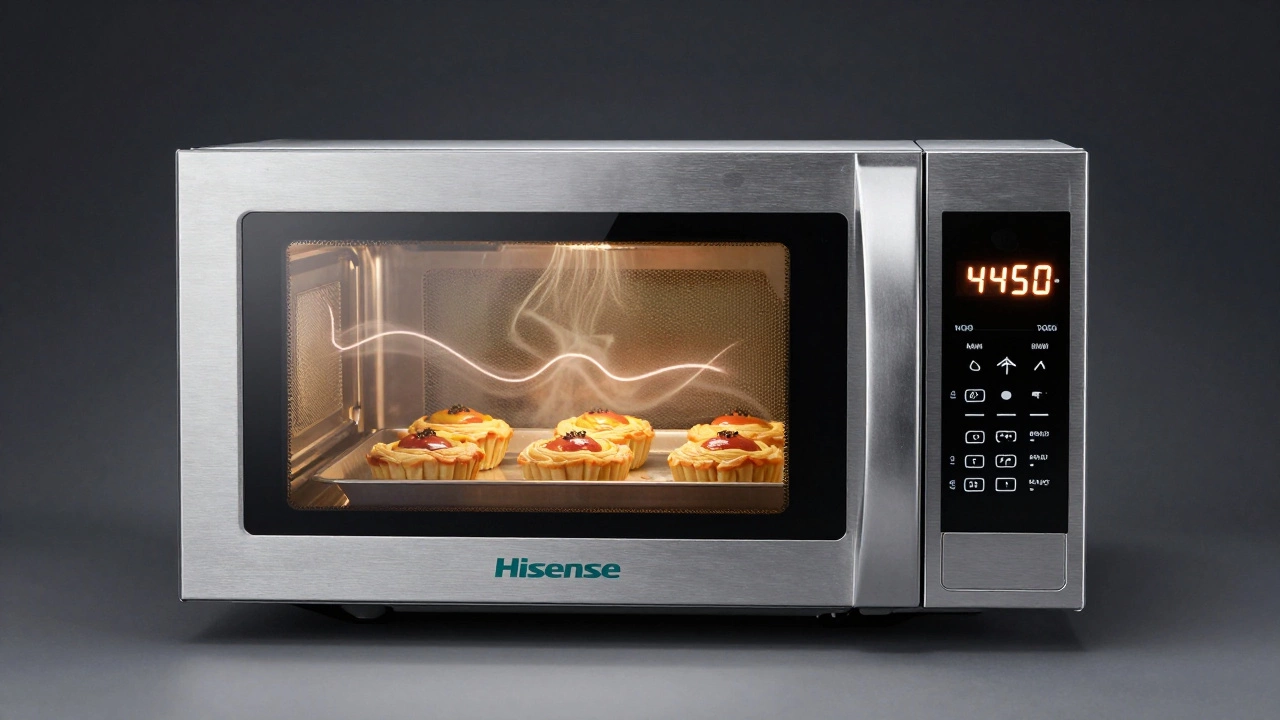Прозрачная микроволновка Hisense M-450, показывающая внутренние механизмы и идеально выпекающийся пирог