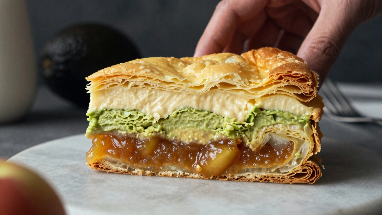 Разрез торта, показывающий три текстуры: слоёная, плотная и влажная — результат разных заменителей масла.