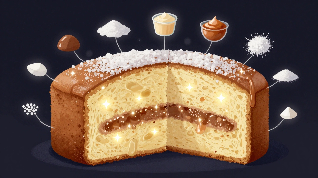 Разрез торта с влажной текстурой, вокруг него плавают разные виды сахара.