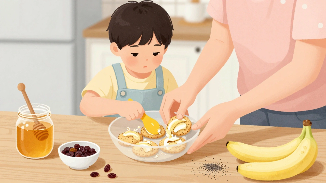 Ребёнок и взрослый готовят овсяное печенье с бананом и орехами вместе на кухне.