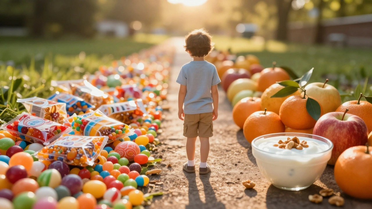 Ребёнок стоит между путём сладостей и здоровыми фруктами, символизируя выбор в пользу натурального.
