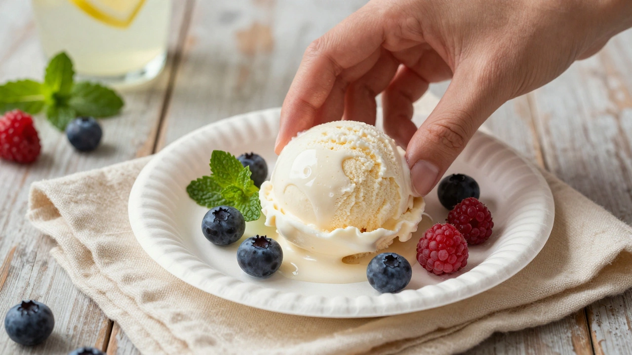 Руки кладут мороженое на бумажную тарелку с ягодами и мятой на кремовой салфетке.
