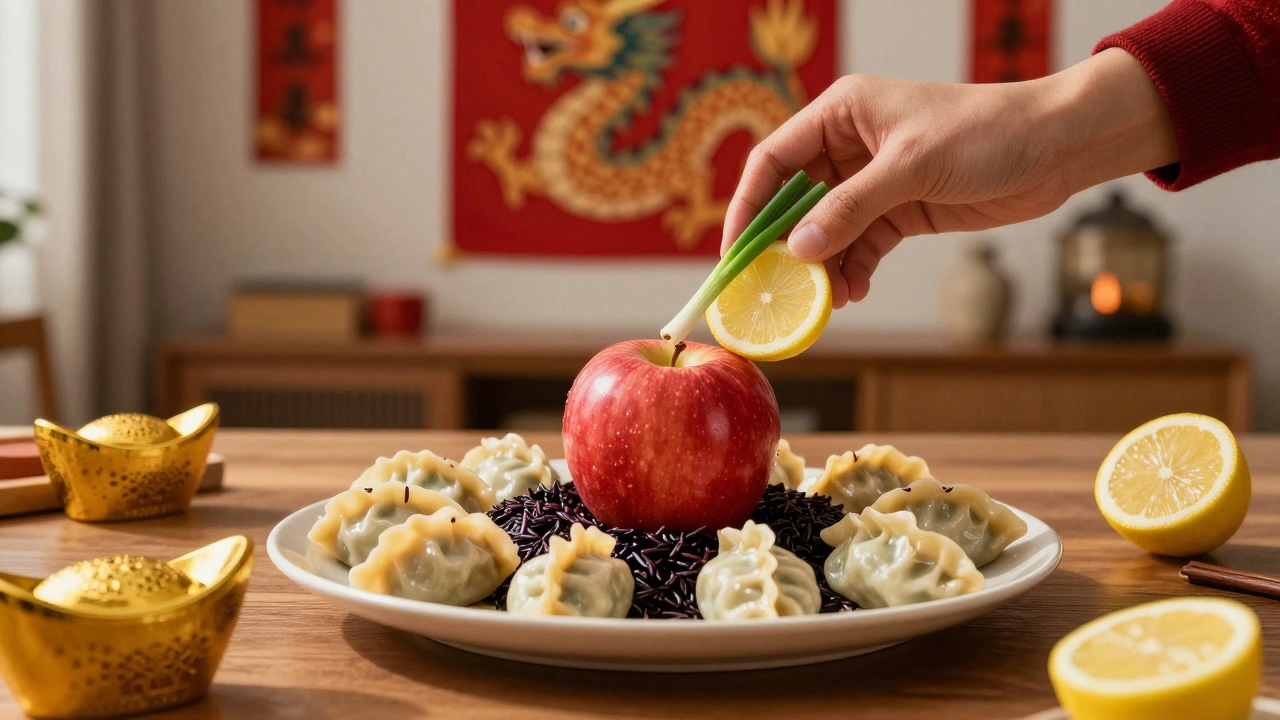 Семья заменяет запрещённое чёрное блюдо на яркие фрукты и золотые пельмени в символическом ритуале китайского Нового года.