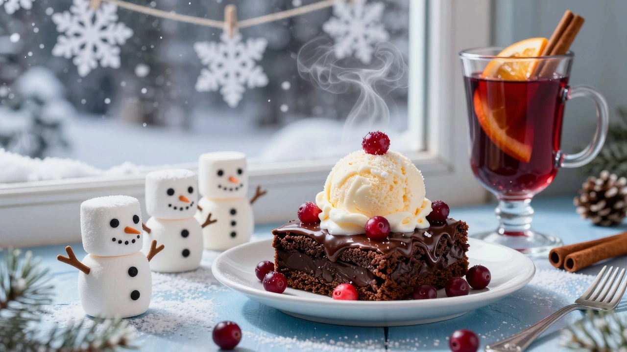 Шоколадный брауни с мороженым и мини-снеговики из зефира на новогодней десертной тарелке.