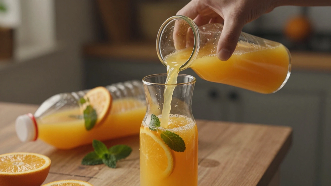 Свежевыжатый сок в кувшине с кусочками апельсина и мятой, рядом пустая бутылка