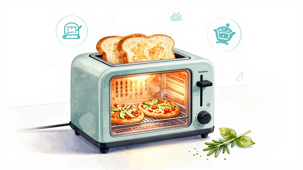 Тостер Hisense T-200 одновременно поджаривает хлеб, печет пиццу и запекает овощи, мягкий свет внутри