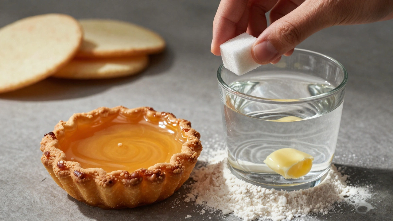 Золотистая корочка пирога рядом с кубиком сахара, растворяющимся в воде.