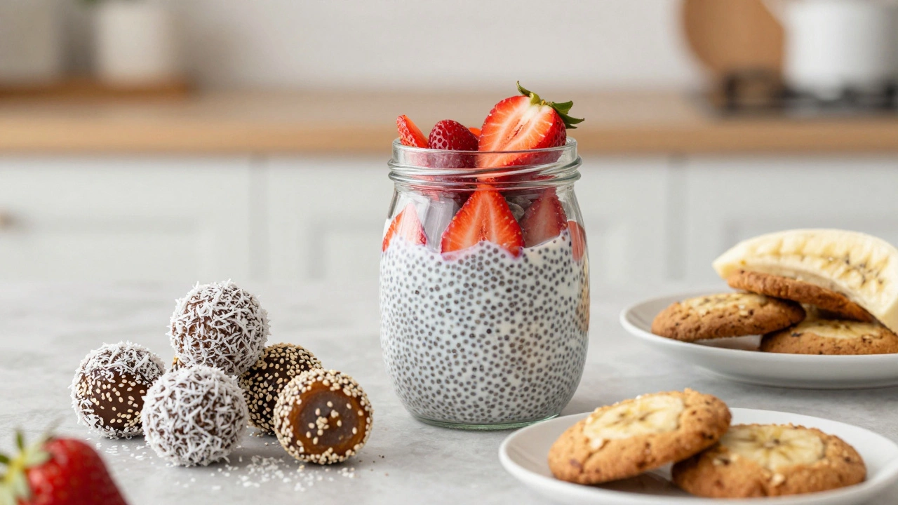 Чиа-пудинг с ягодами, финиковые трюфели и банановое печенье