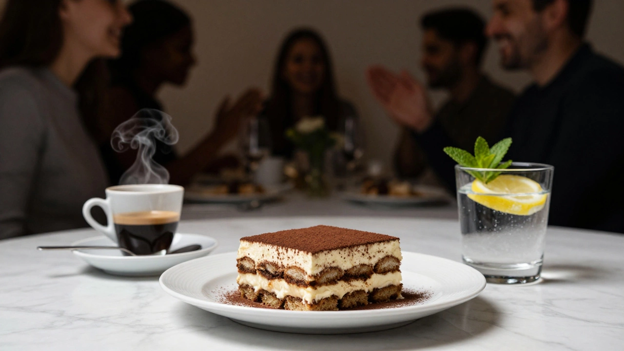 Десерт тирамису, кофе и вода с лимоном в конце банкета
