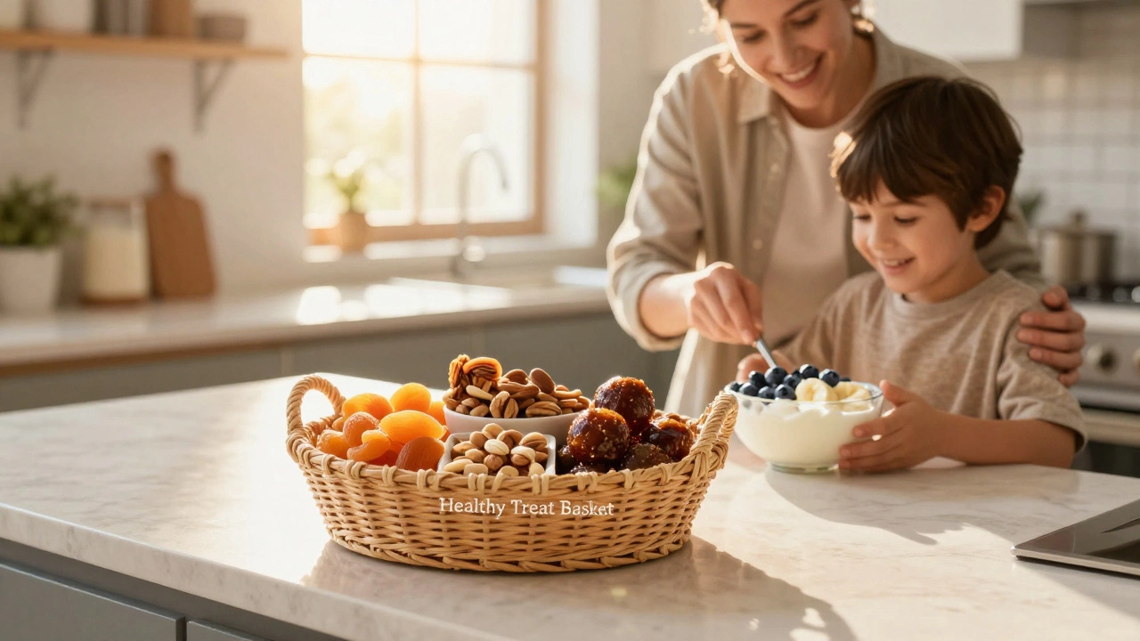 Корзина с полезными перекусами и приготовление йогурта с ягодами вместе с ребенком