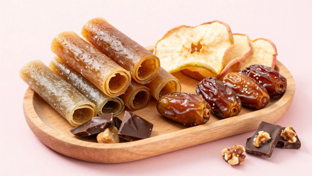 Набор полезных сладостей: пастила, фруктовые чипсы, финики и темный шоколад