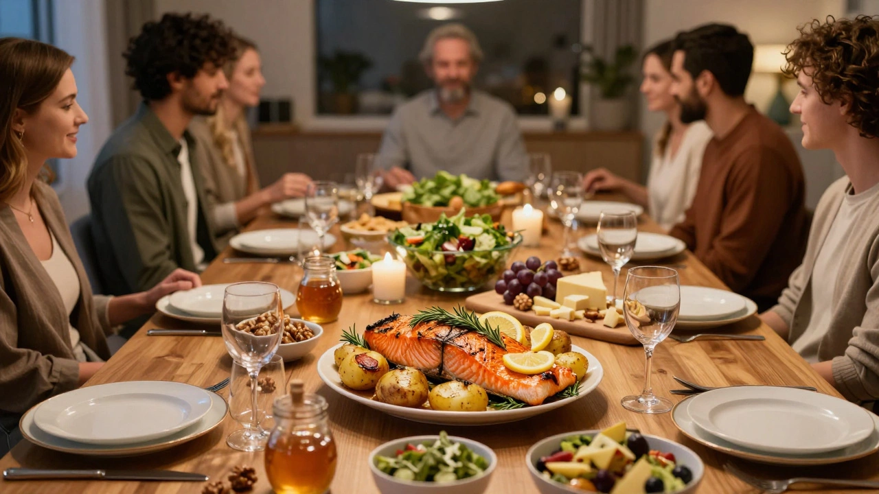 Праздничный стол на 10 человек с запеченным лососем и гарниром