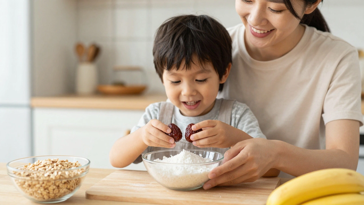 Ребенок и родитель вместе готовят полезные сладости на кухне
