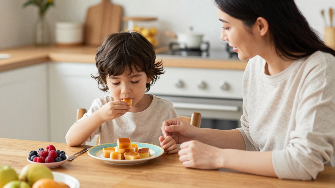 Ребенок спокойно ест безопасные фруктовые сладости за столом с родителем
