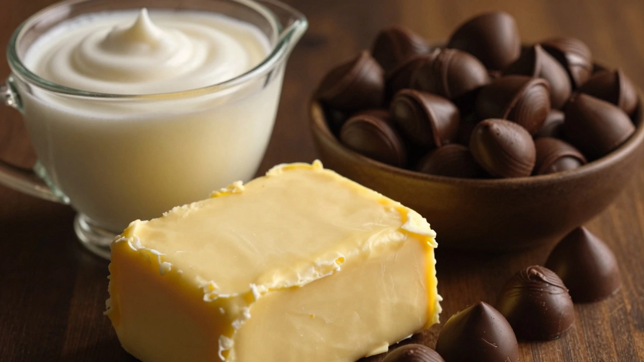 Сливочное масло, жирные сливки и шоколадные каллеты для приготовления крема