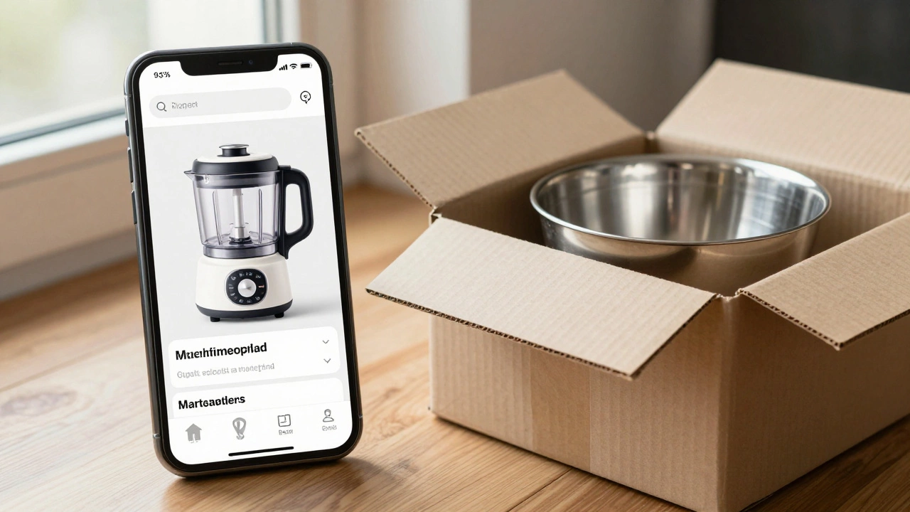 Смартфон с приложением магазина и коробка с кухонной техникой после доставки