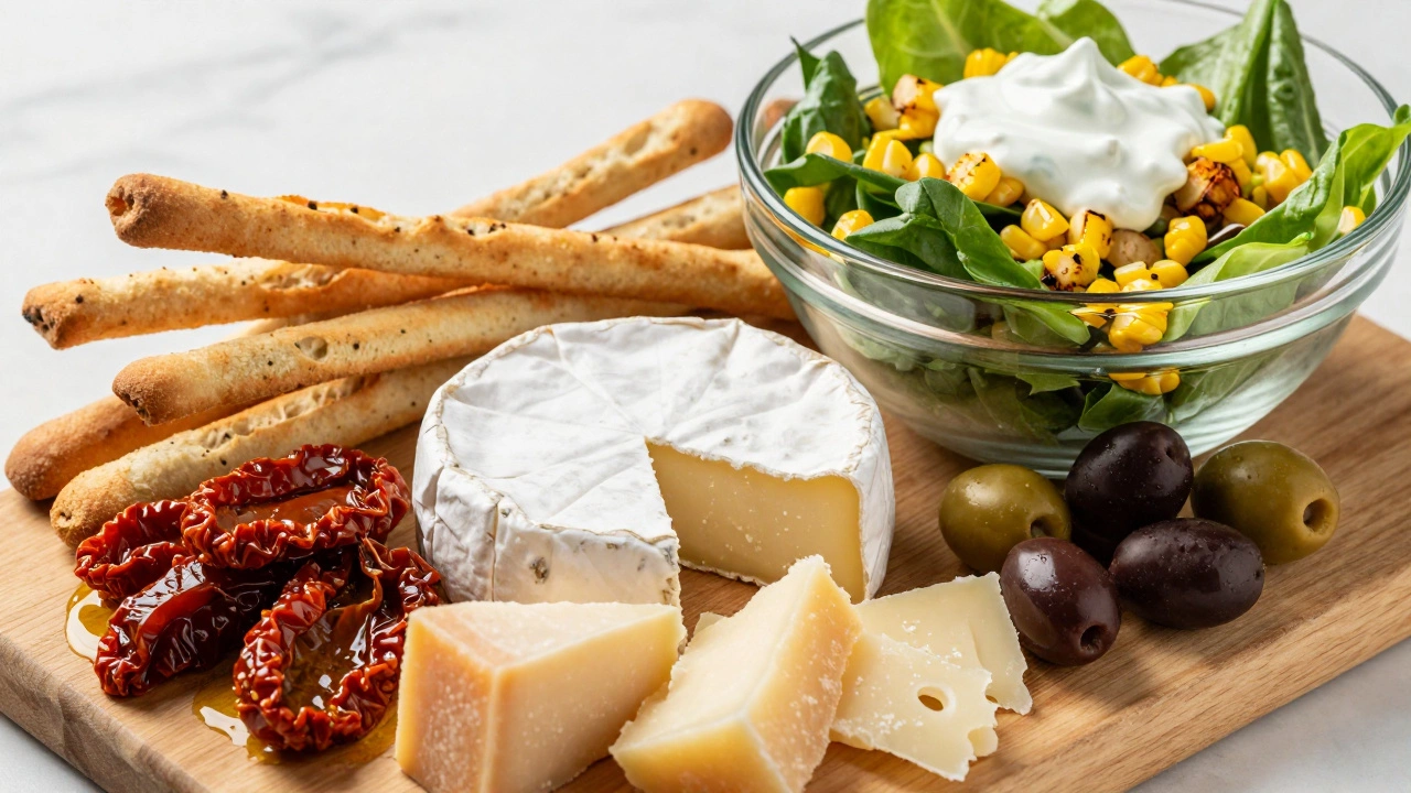 Сырная тарелка с антипасти, оливками и современным салатом Оливье